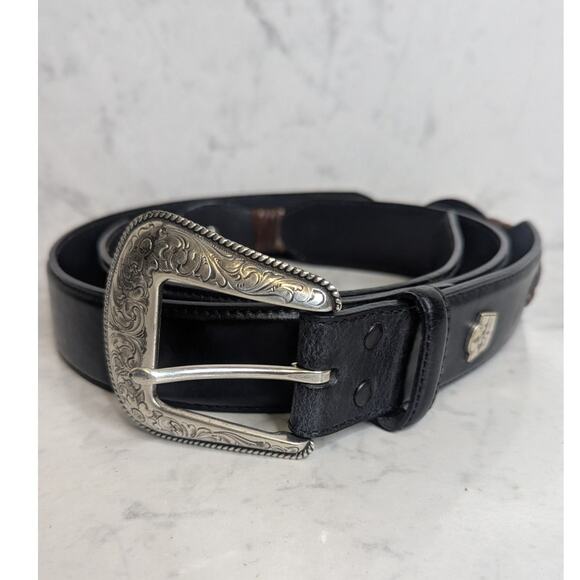 Larry Mahan mens western leather belt black brown embellished biker size 46